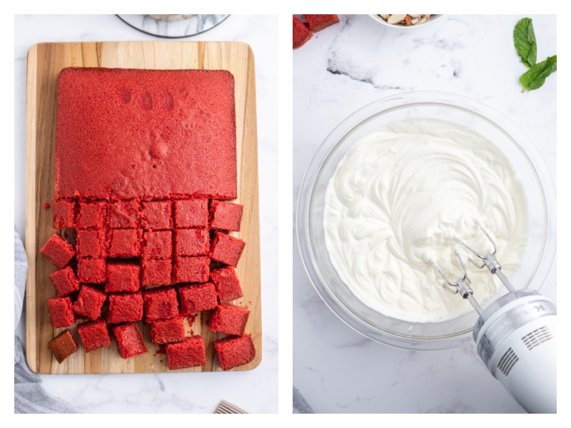 two photos red velvet cake cut into cubes and then bowl of whipped cream