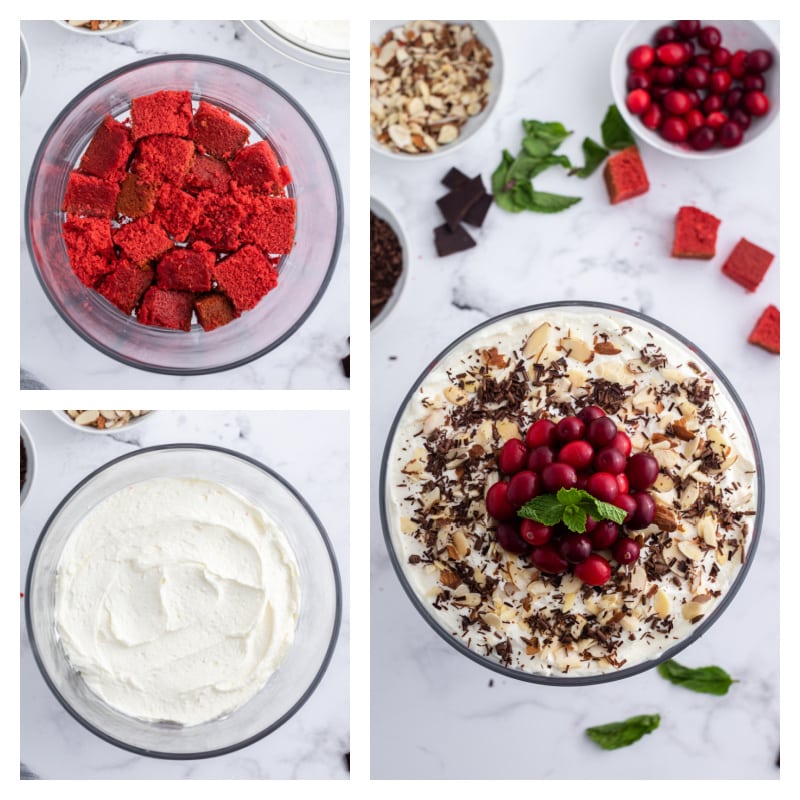 four photos showing how to assemble red velvet cake trifle