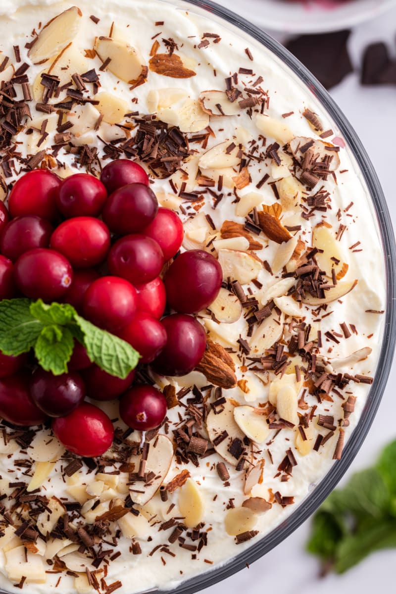 overhead shot of red velvet cake trifle