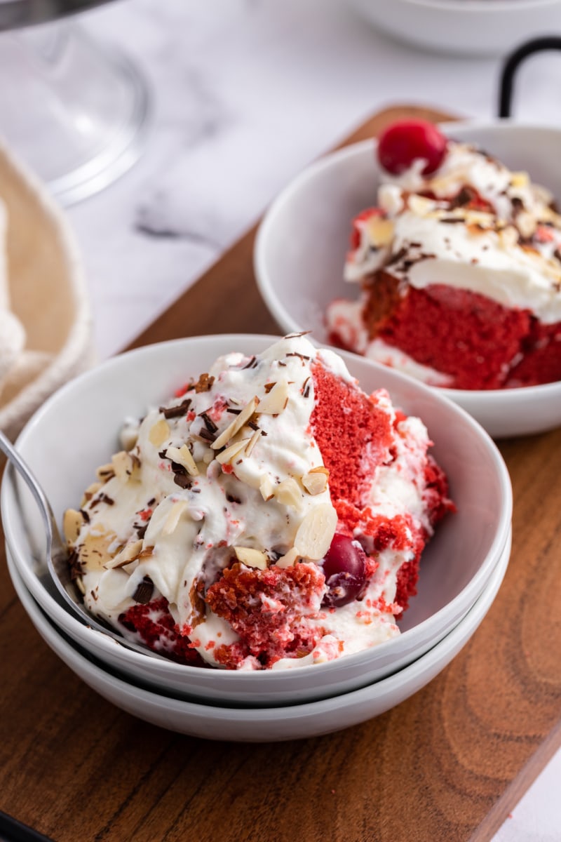 serving of red velvet cake trifle in a bowl