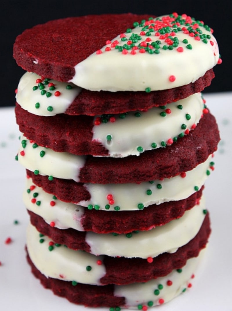 stack of red velvet shortbread cookies