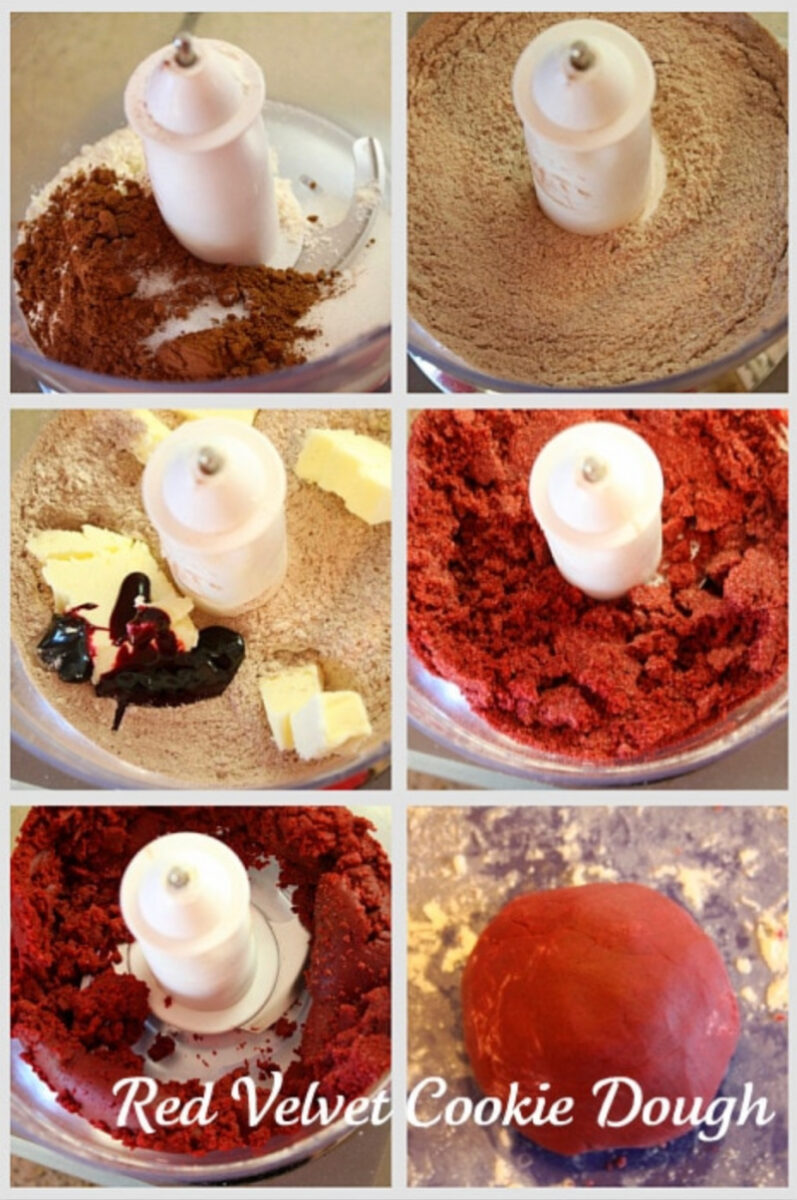 photo collage showing how to make red velvet cookie dough