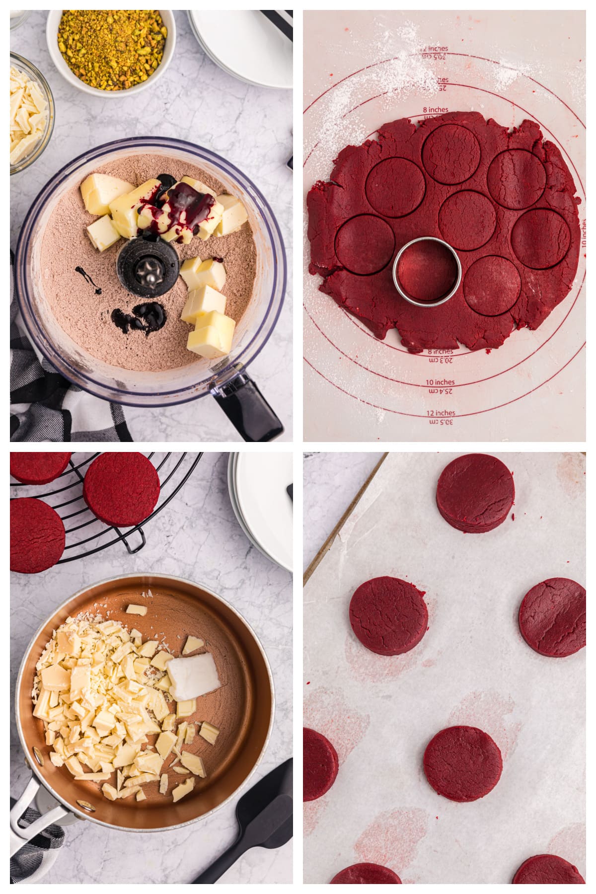 four photos showing how to make red velvet shortbread cookies