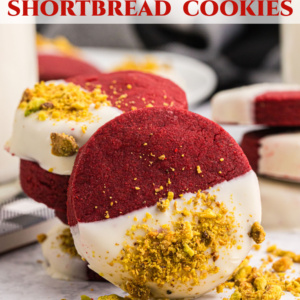 pinterest image for red velvet shortbread cookies