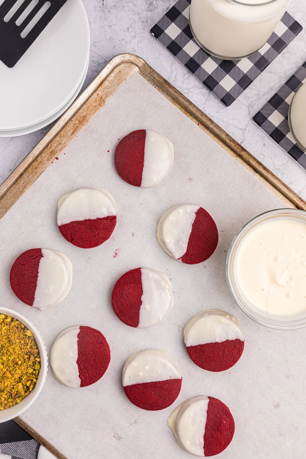 red velvet shortbread cookies dipped in white chocolate