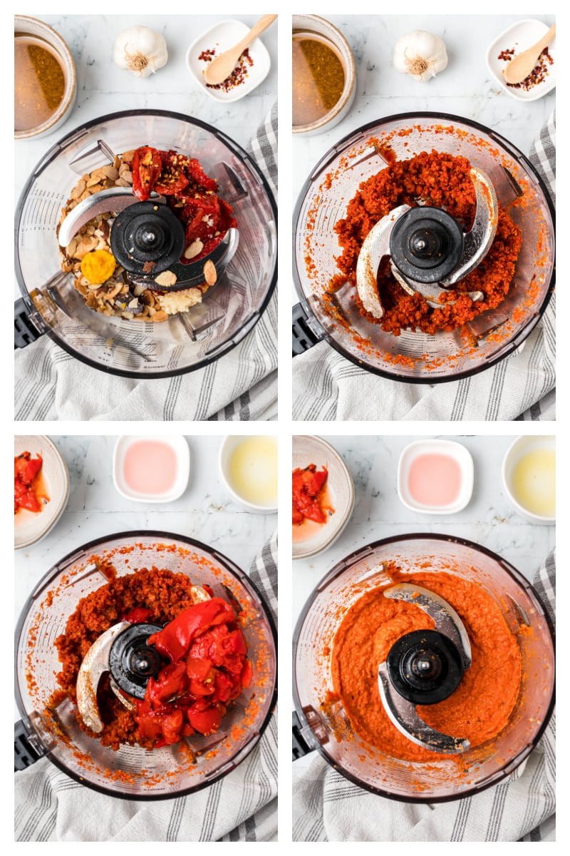 four photos showing how to make roasted red pepper almond spread in food processor