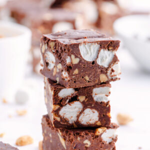 stack of three pieces of rocky road fudge