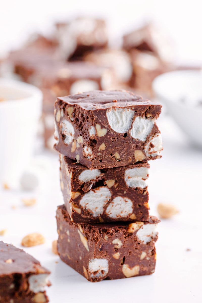 stack of three pieces of rocky road fudge