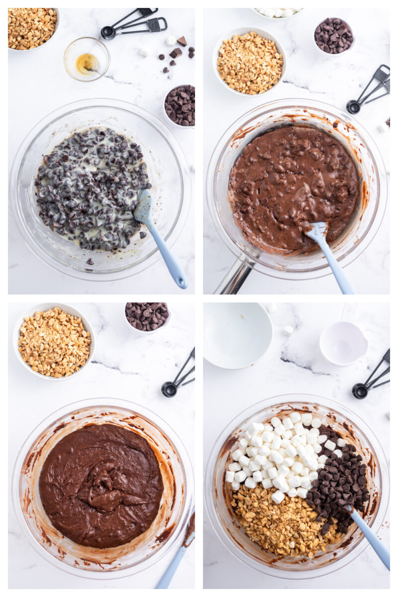 four photos showing how to make rocky road fudge