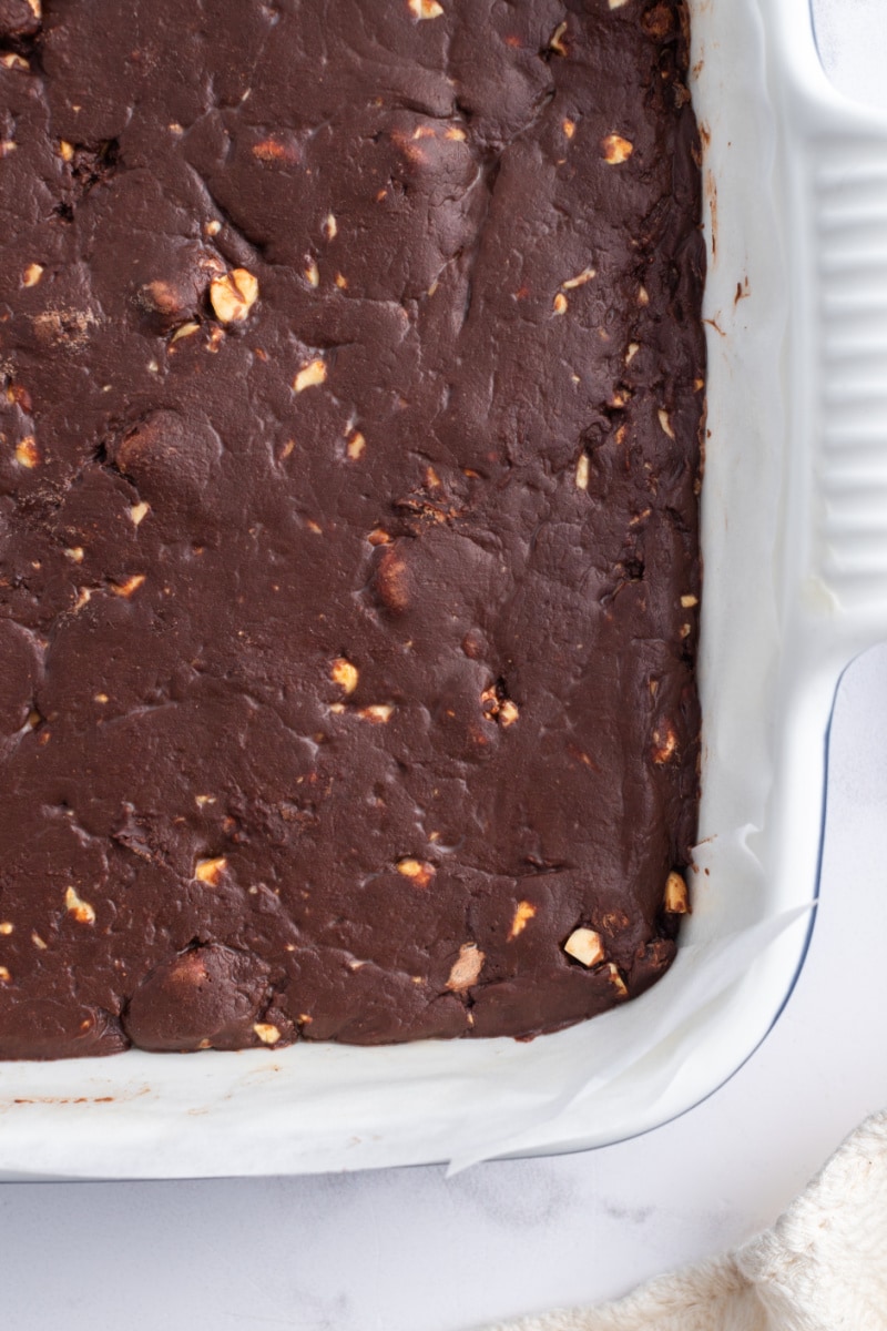 rocky road fudge in a white dish