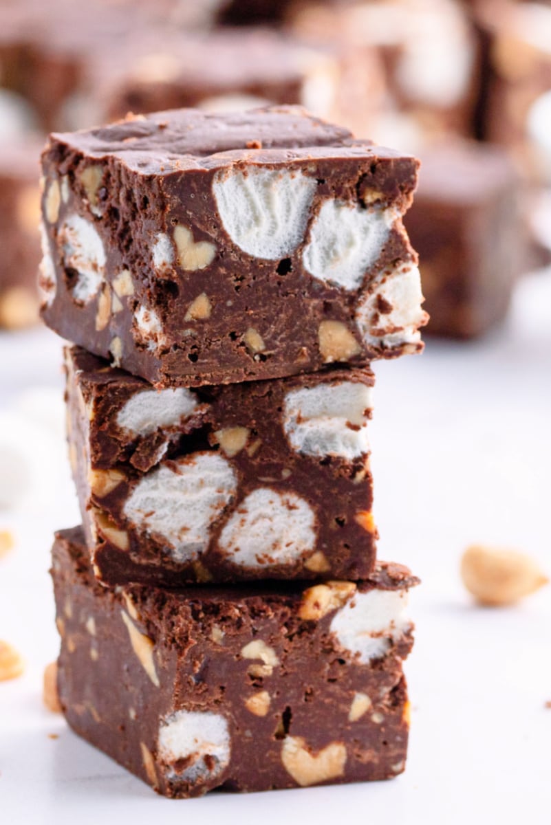 stack of three pieces of rocky road fudge