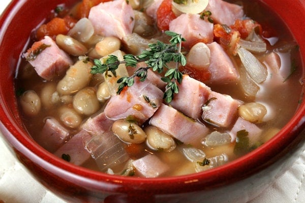 Smoked Ham Soup in red bowl