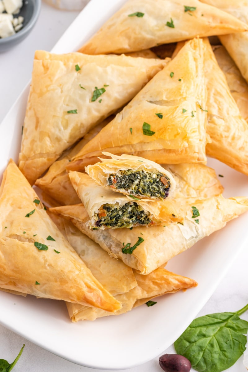 Spinach Phyllo Triangles on platter