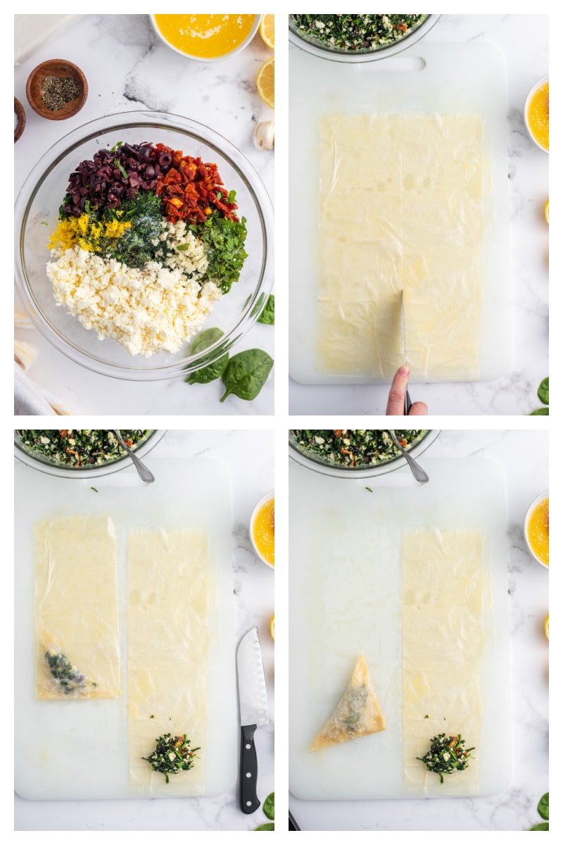 four photos showing how to make spinach feta and sundried tomato phyllo triangles