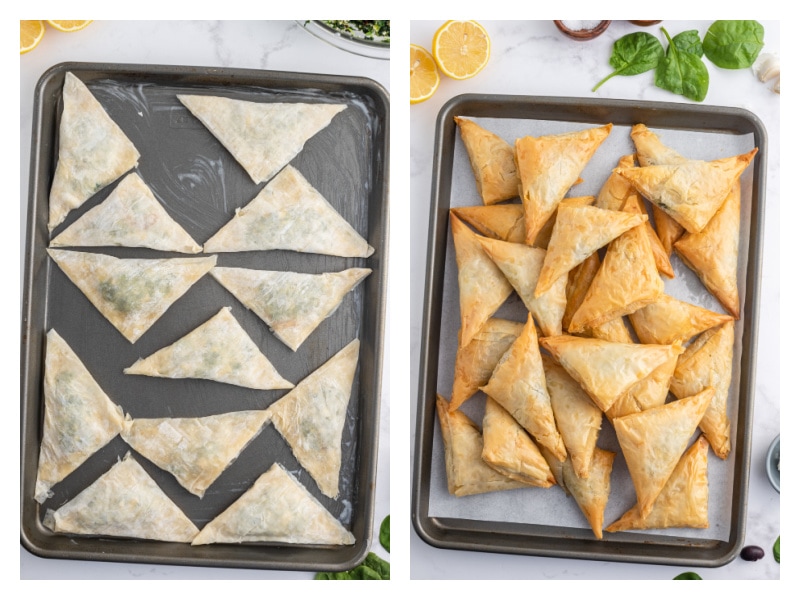 two photos showing spinach phyllo triangles ready to bake and then baked