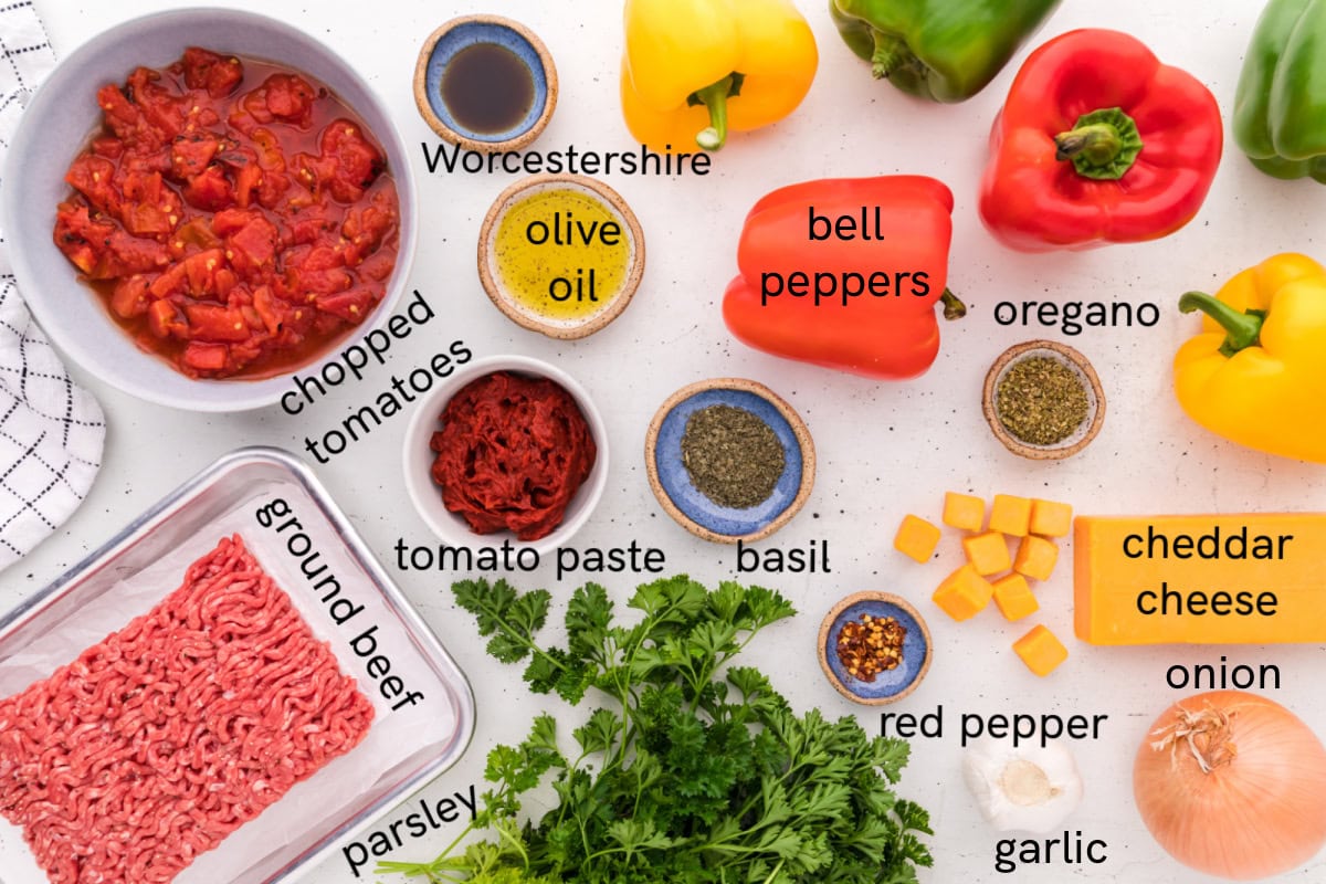 ingredients displayed for making beef stuffed peppers