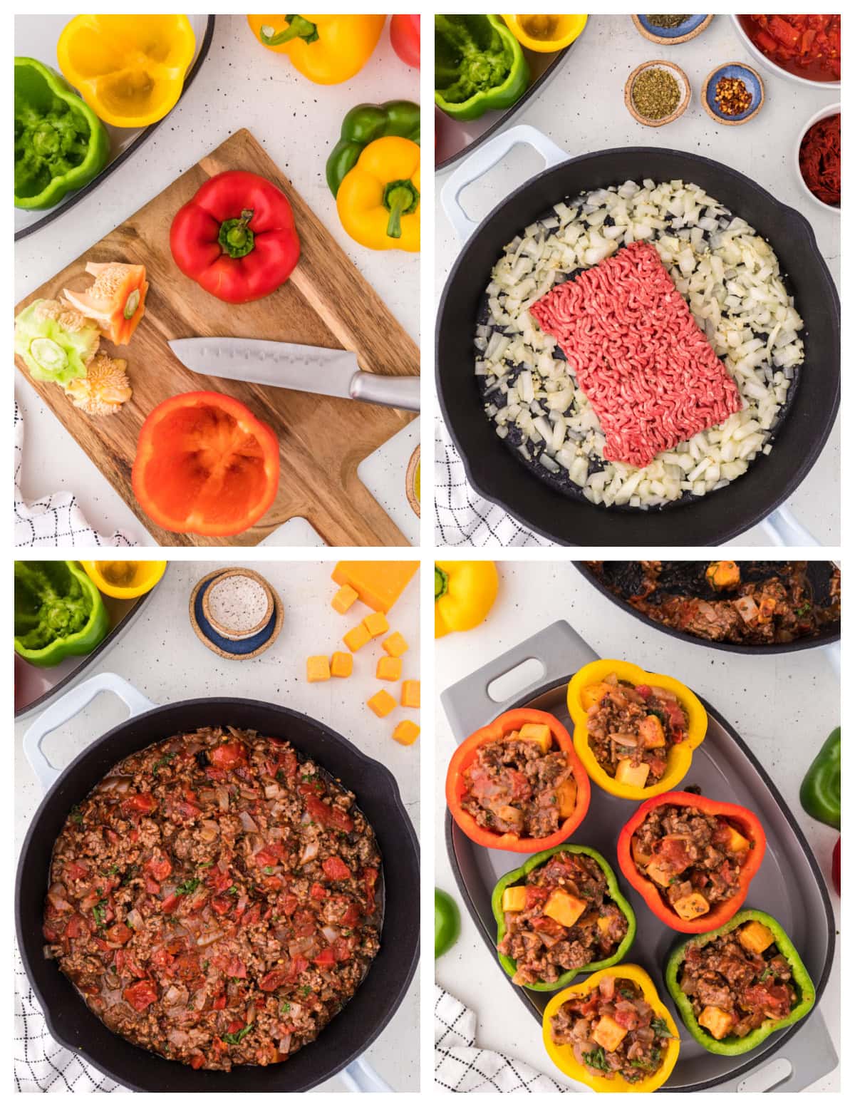 four photos showing how to make beef stuffed peppers
