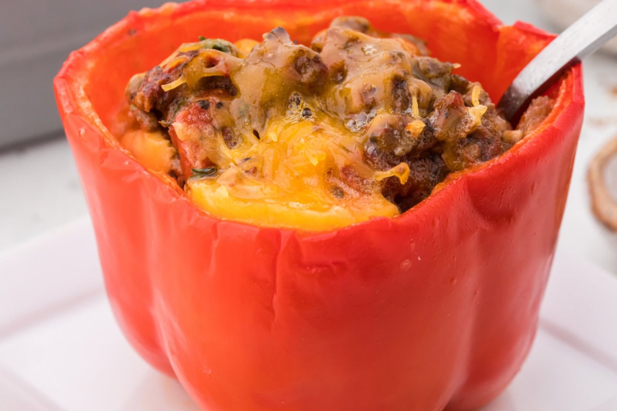 close up beef stuffed red bell pepper