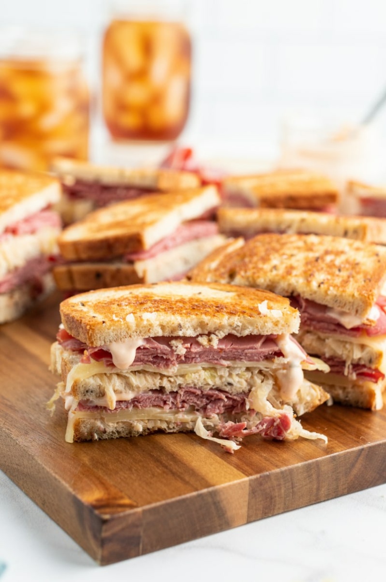 Grilled Reuben Sandwich cut in half and stacked