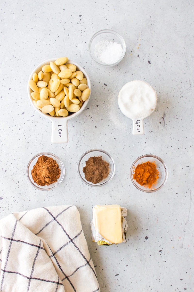 ingredients displayed for making cinnamon glazed almonds