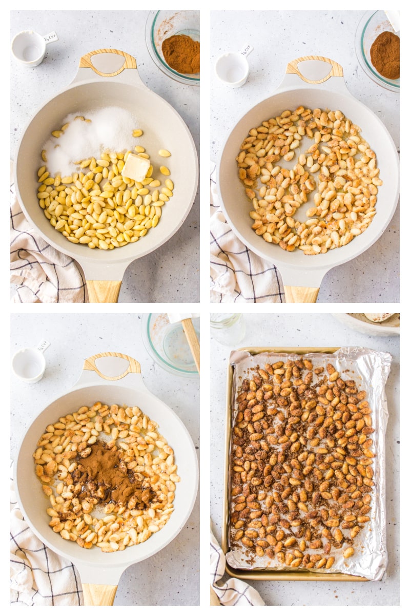 four photos showing how to make cinnamon glazed almonds