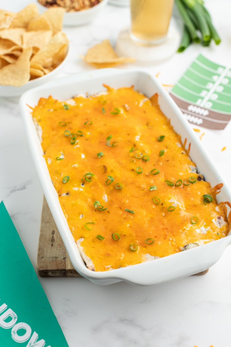 first down dip in white casserole dish