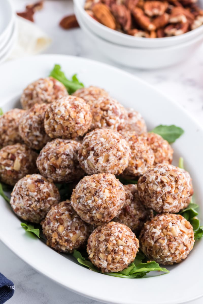 goat cheese truffles stacked on a platter