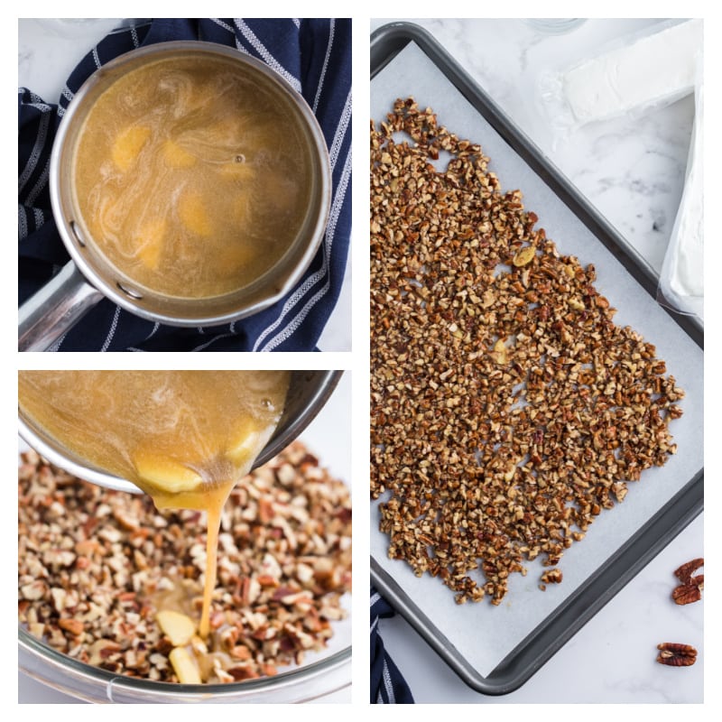 three photos showing making maple glaze, pouring it on nuts and baking the nuts