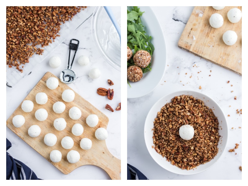 goat cheese rounds on cutting board and then dipped in pecans