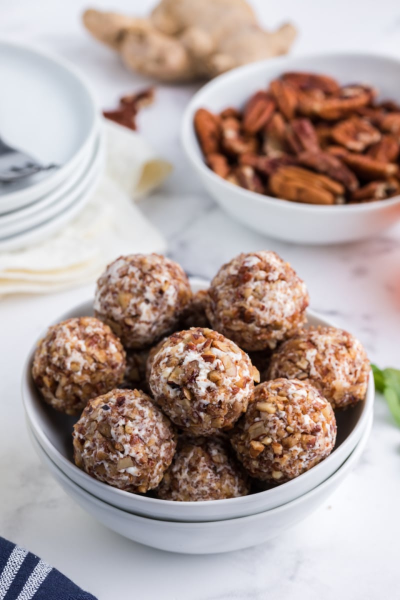 goat cheese truffles in a display bowl