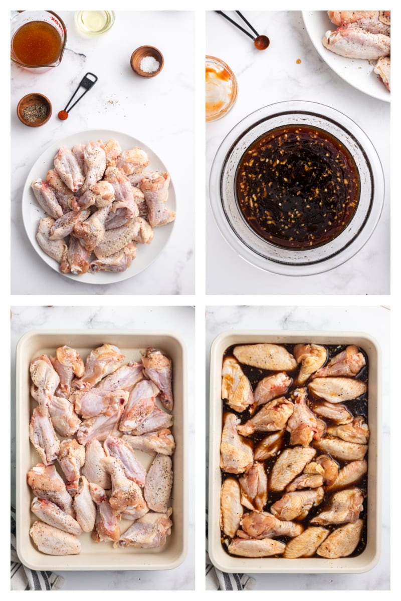 four photos showing how to make honey glazed chicken wings