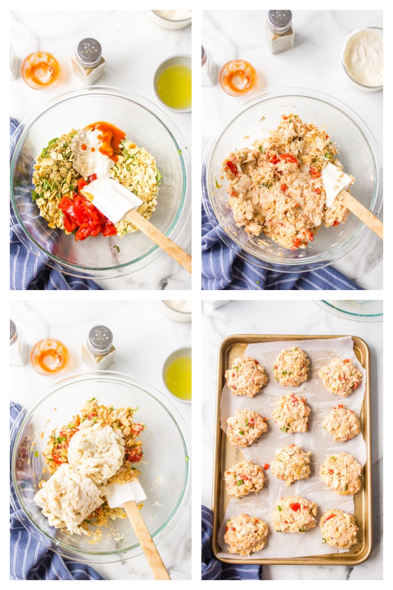 four photos showing how to make baked crab cakes