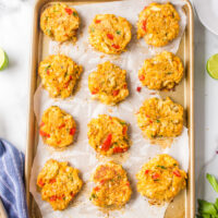 low fat baked crab cakes on baking sheet