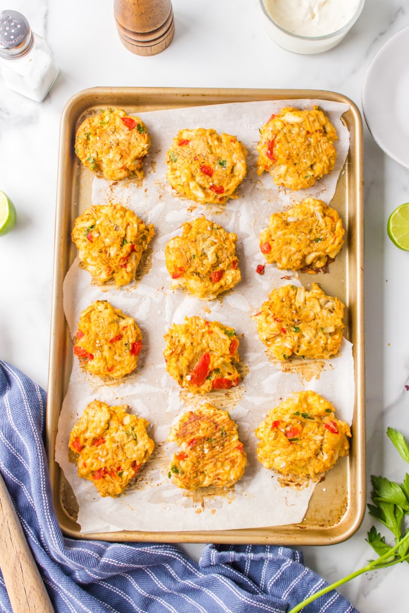 low fat baked crab cakes on baking sheet