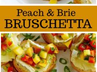 pinterest collage image for peach and brie bruschetta