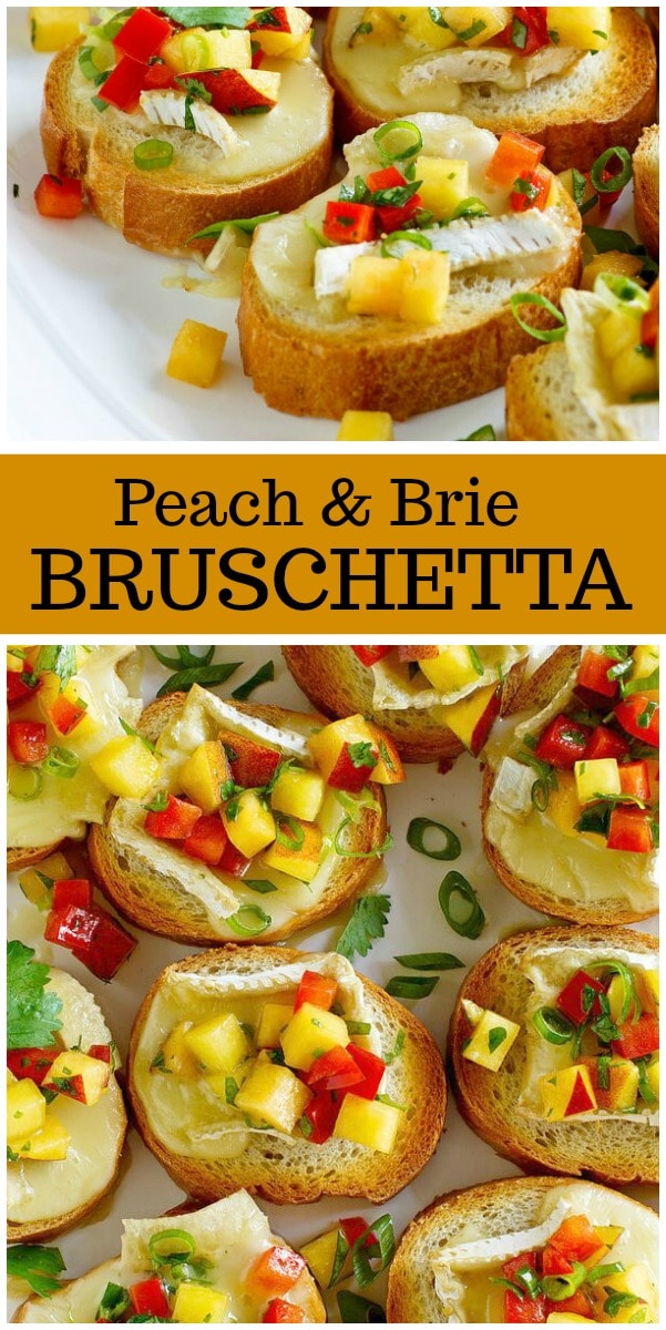 Peach and Brie Bruschetta recipe from RecipeGirl.com #peach #brie #bruschetta #appetizer #summer #recipe #RecipeGirl