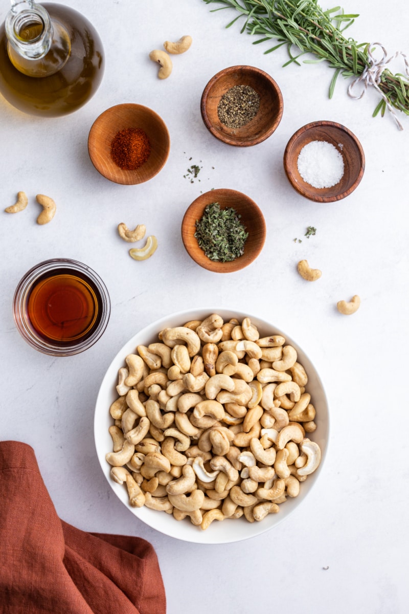 ingredients displayed for making rosemary maple cashews