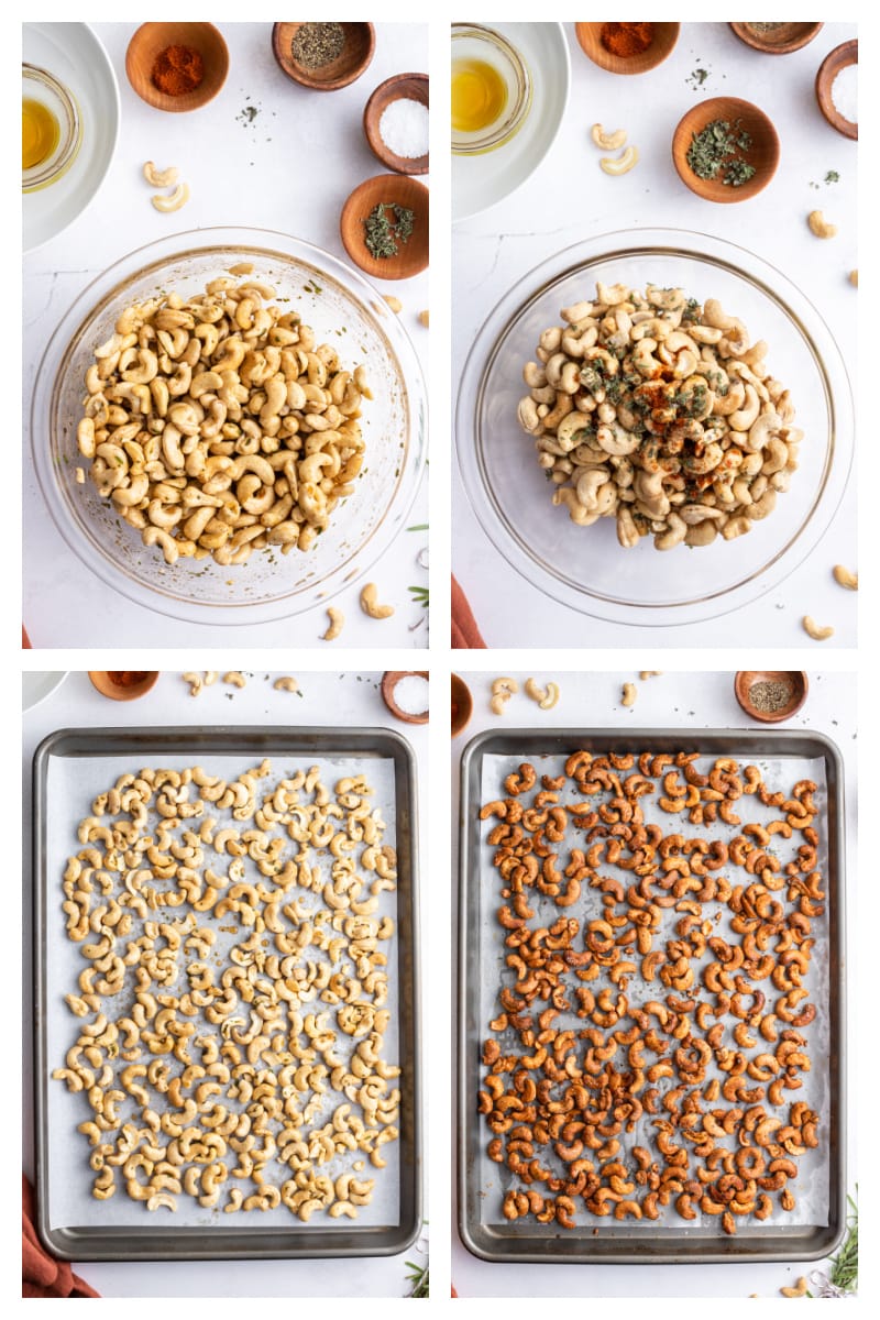 four photos showing how to make rosemary maple cashews