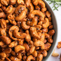 rosemary maple cashews on a bowl