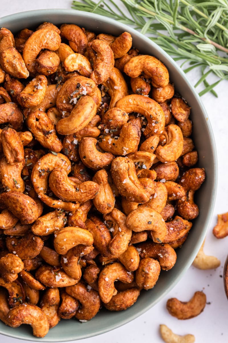 rosemary maple cashews on a bowl
