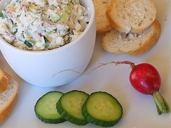 Vegetable Goat Cheese Spread with fresh veggies and baguette
