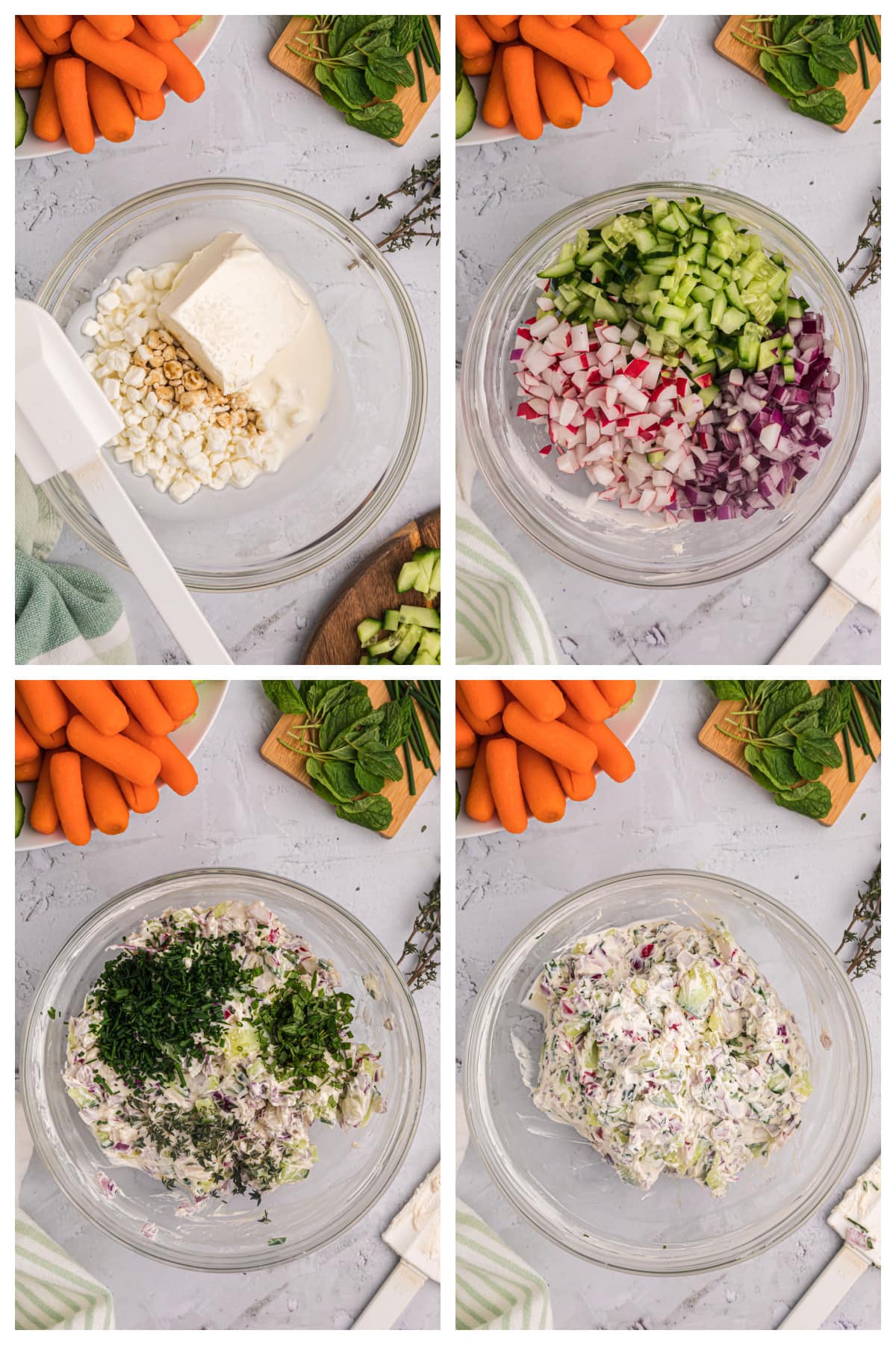 four photos showing how to make vegetable goat cheese spread