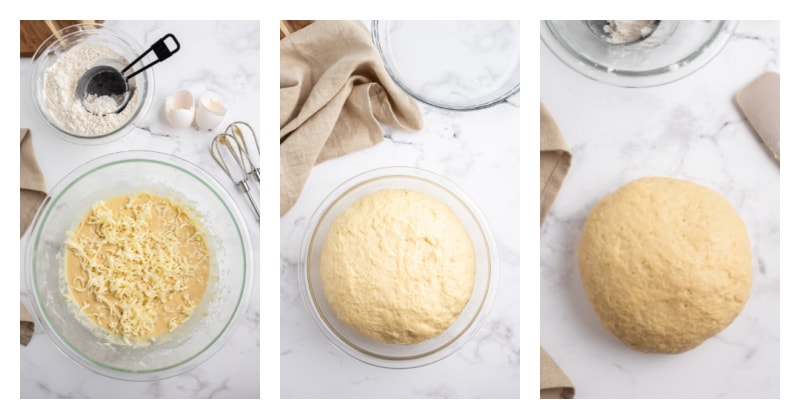 three photos showing process of making bread dough