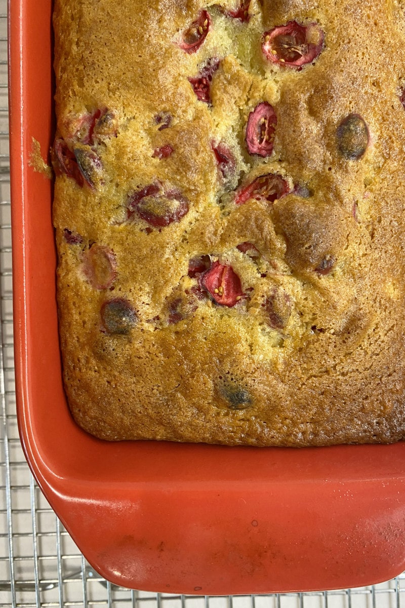 cranberry orange bread in red loaf pan