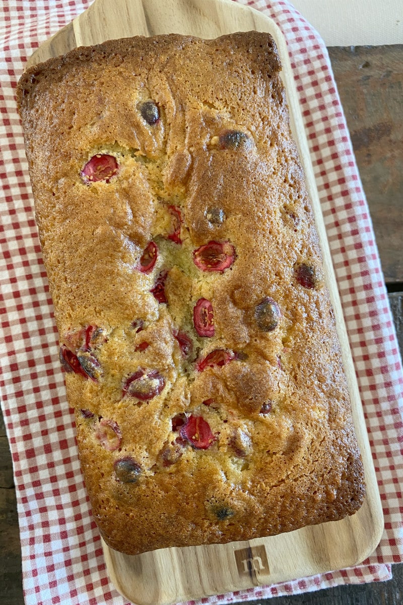 overhead shot of loaf of cranberry orange bread