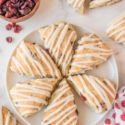 cranberry vanilla scones on a serving platter
