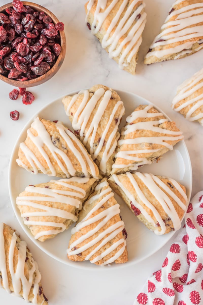 cranberry vanilla scones on a serving platter
