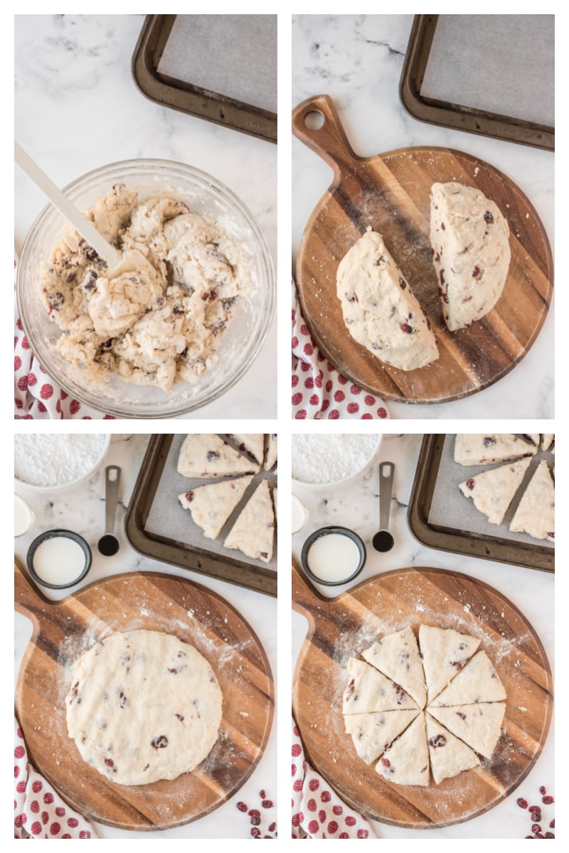 four photos showing the process of making scone dough and shaping into scones