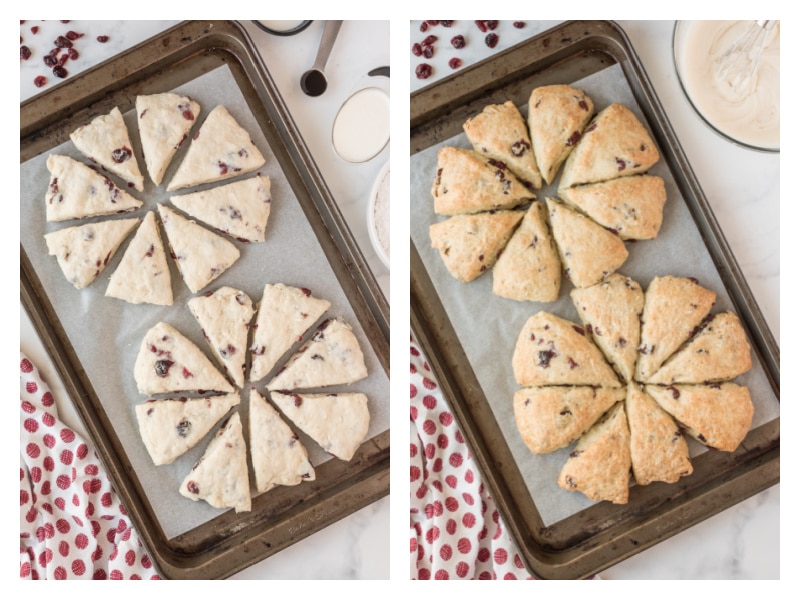 two photos showing scones on baking sheet and then already baked scones