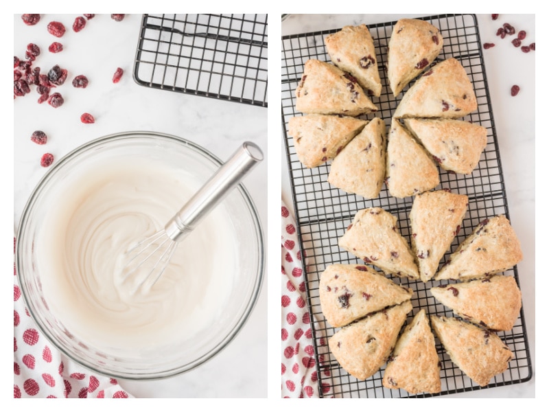two photos one icing in bowl and second scones on cooling rack